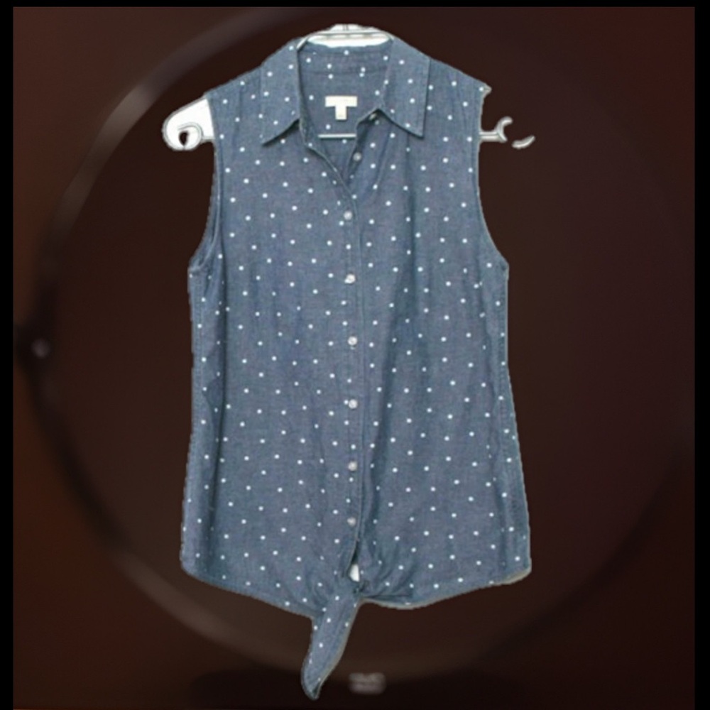 Talbots Sleeveless Blue & White Dots Top Front-Tie Button Down Elastic Waist